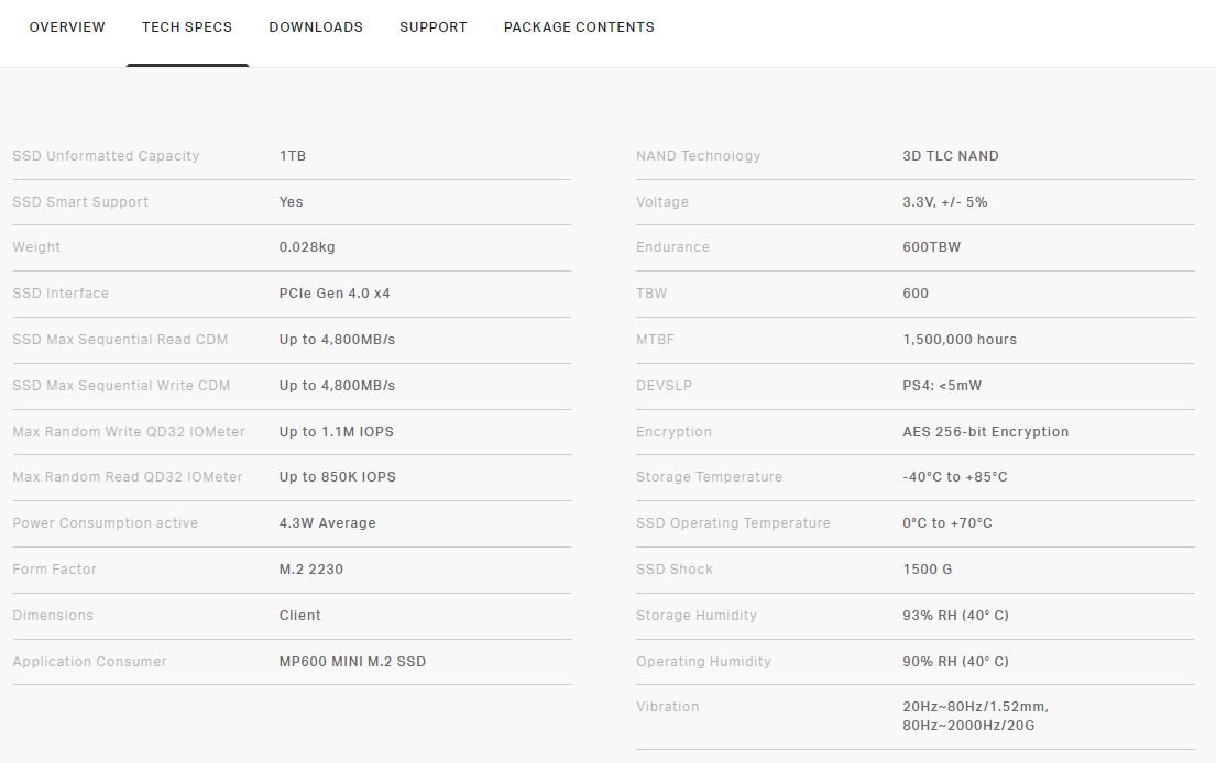 Corsair 1TB MP600 Mini 2230 M.2 NVMe SSD Specs